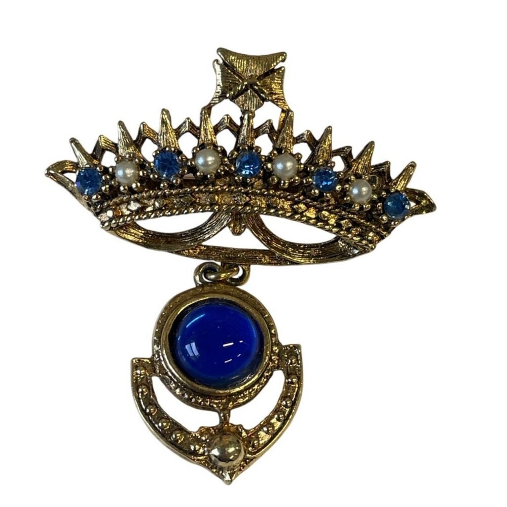 Vintage Gold-Tone Crown Brooch With Blue Rhinestones &‎ Pearls